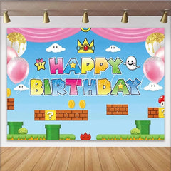 Lofaris Video Game Princess Happy Birthday Backdrop Pink Pixel World with Gold Coins Girls Arcade Party Photo Booth Decor