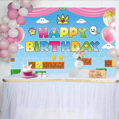 Lofaris Video Game Princess Happy Birthday Backdrop Pink Pixel World with Gold Coins Girls Arcade Party Photo Booth Decor