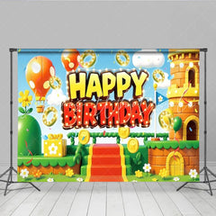 Lofaris Video Game World Birthday Backdrop Cartoon Castle and Gold Coins Photography Background Boy Level Up Party Decoration