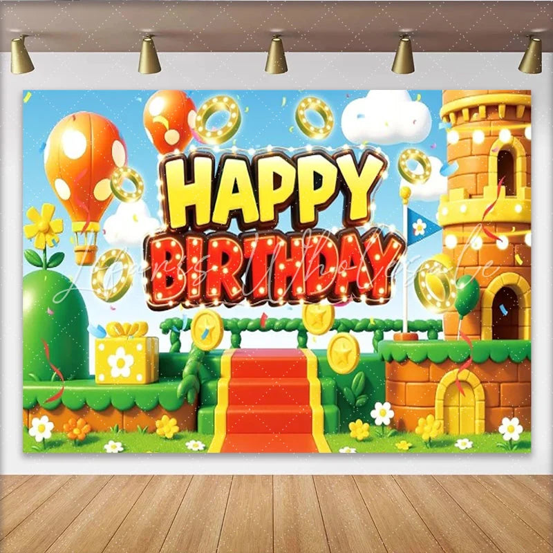 Lofaris Video Game World Birthday Backdrop Cartoon Castle and Gold Coins Photography Background Boy Level Up Party Decoration