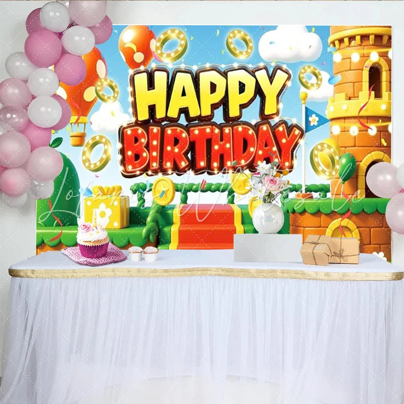Lofaris Video Game World Birthday Backdrop Cartoon Castle and Gold Coins Photography Background Boy Level Up Party Decoration