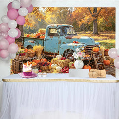 Lofaris Vintage Blue Truck Autumn Backdrop for Harvest Festival Rustic Pumpkin and Hay Background for Portrait Photoshoot