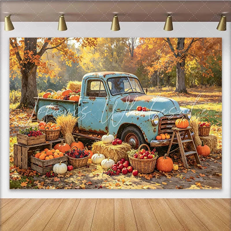 Lofaris Vintage Blue Truck Autumn Backdrop for Harvest Festival Rustic Pumpkin and Hay Background for Portrait Photoshoot