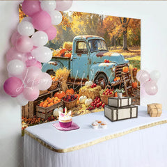 Lofaris Vintage Blue Truck Autumn Backdrop for Harvest Festival Rustic Pumpkin and Hay Background for Portrait Photoshoot