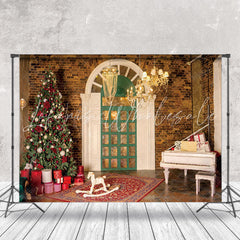Lofaris Vintage Brick Wall Door Tree Piano Christmas Backdrop