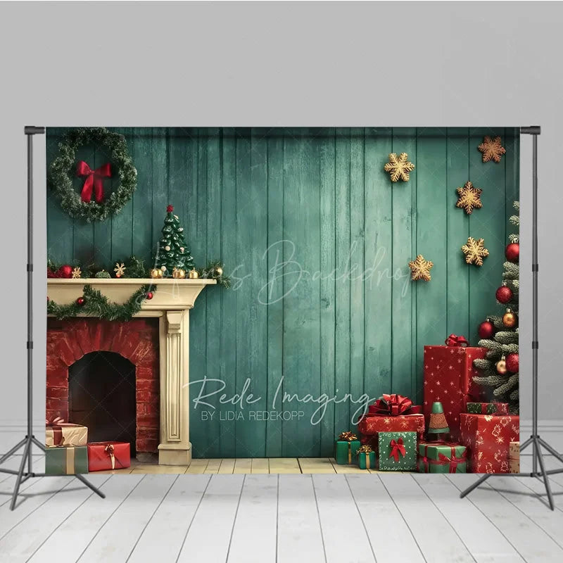 Lofaris Vintage Christmas Fireplace Photography Backdrop Teal Wood Wall with Tree and Presents Holiday Studio Photo Prop