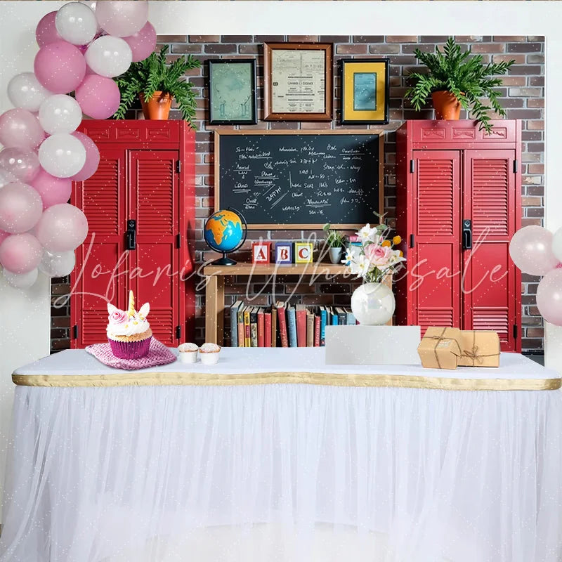 Lofaris Vintage Classroom Photography Backdrop with Red Lockers and Blackboard School Theme Background for Kids Portrait