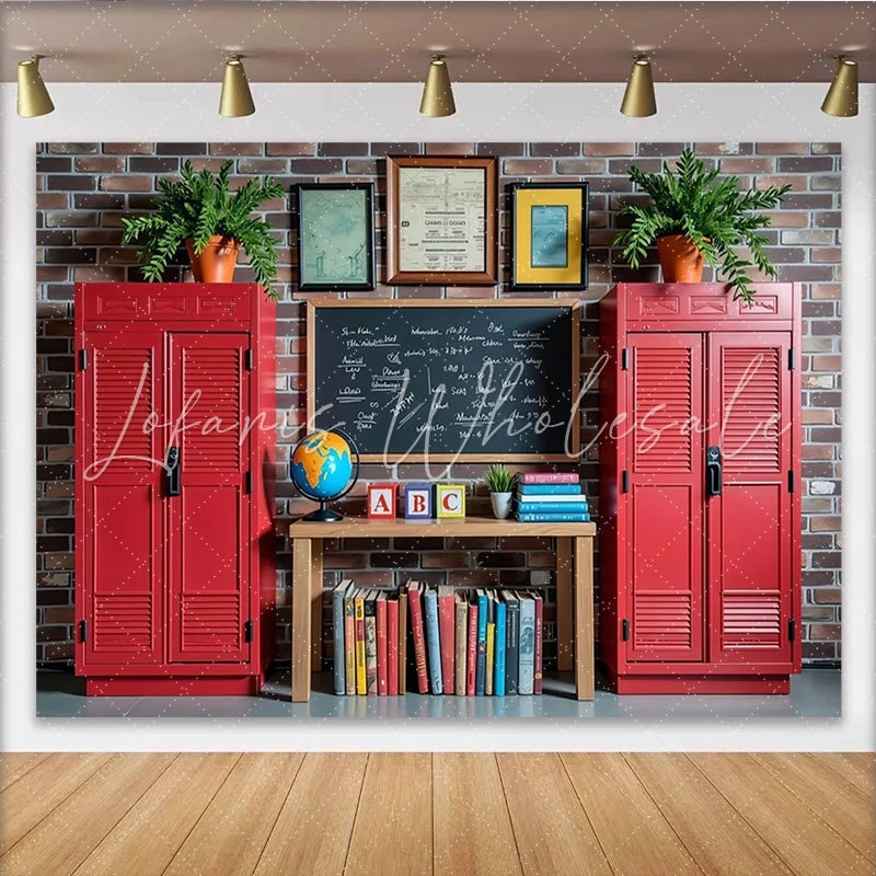 Lofaris Vintage Classroom Photography Backdrop with Red Lockers and Blackboard School Theme Background for Kids Portrait