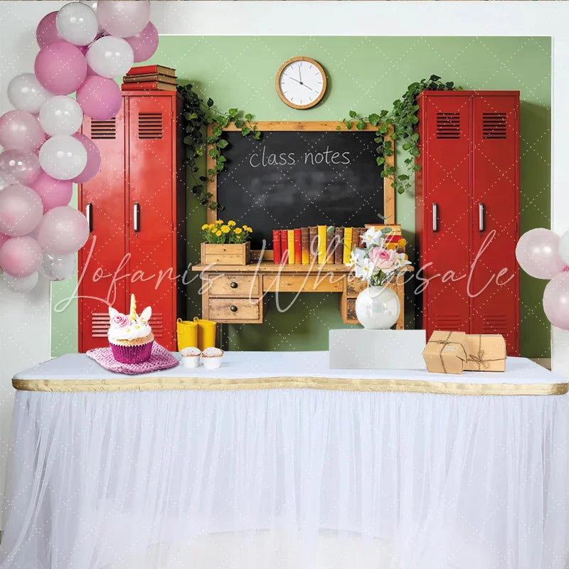Lofaris Vintage Classroom Photography Backdrop with Red Lockers and Blackboard School Theme Photo Background for Back to School Pictures