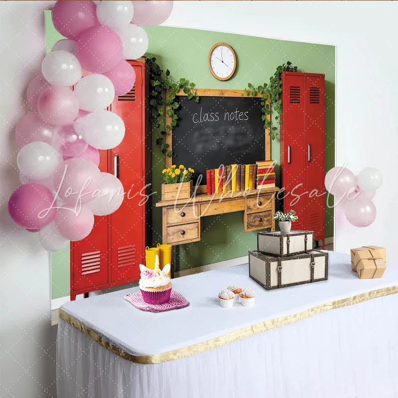 Lofaris Vintage Classroom Photography Backdrop with Red Lockers and Blackboard School Theme Photo Background for Back to School Pictures