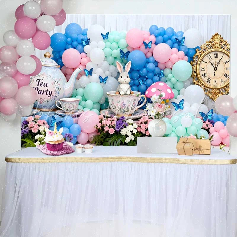 Lofaris Vintage Clock and Tea Party Rabbit Easter Backdrop Pastel Balloon Arch Spring Photography Background
