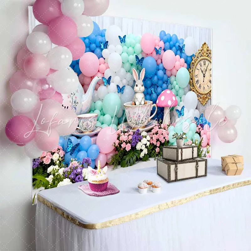 Lofaris Vintage Clock and Tea Party Rabbit Easter Backdrop Pastel Balloon Arch Spring Photography Background