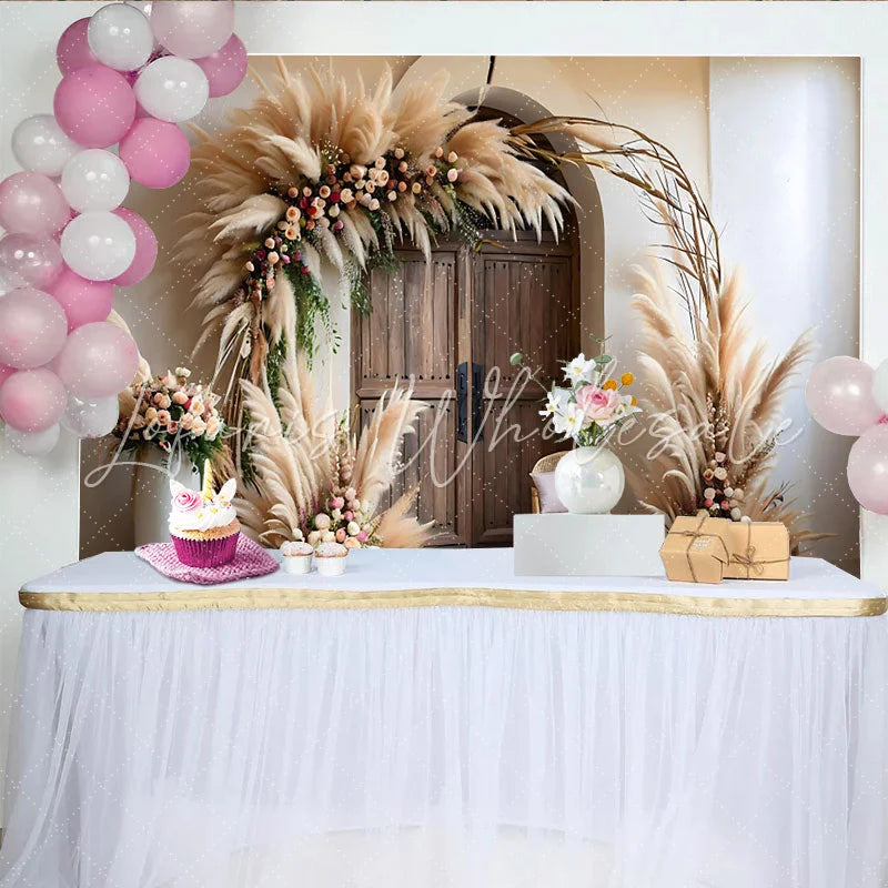 Lofaris Vintage Door Boho Backdrop Pampa Grass Arch and Floral Arrangements for Rustic Wedding