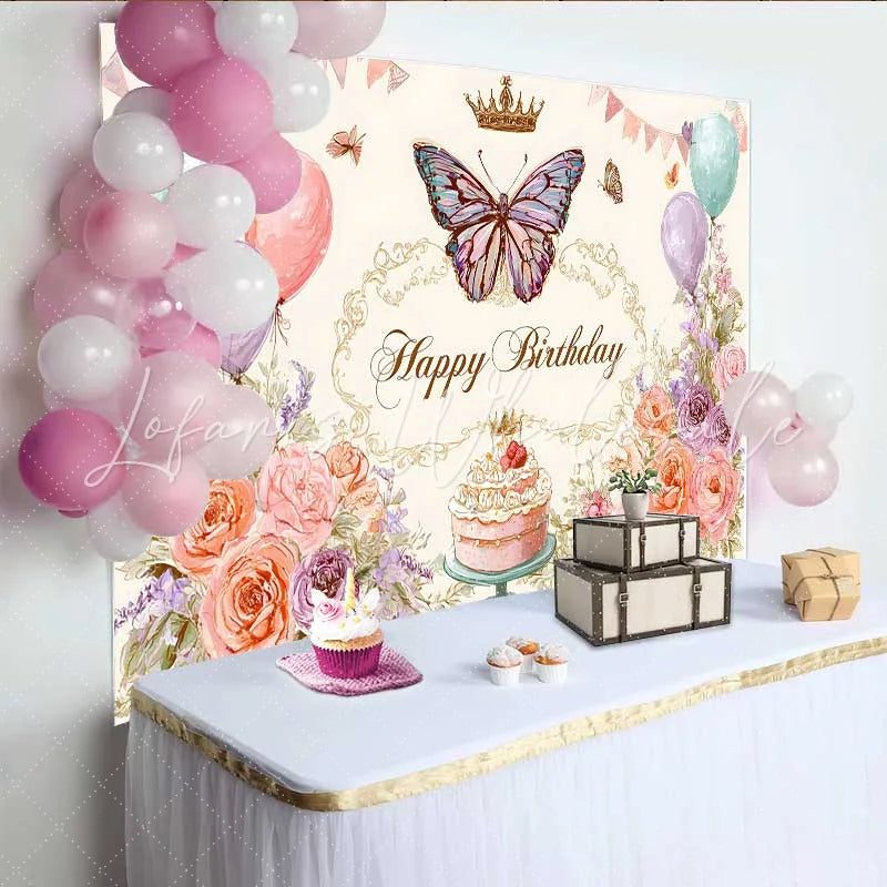 Lofaris Vintage Floral Birthday Backdrop Pastel Balloon Butterfly Background Sketch Art Cake Table Photo Prop