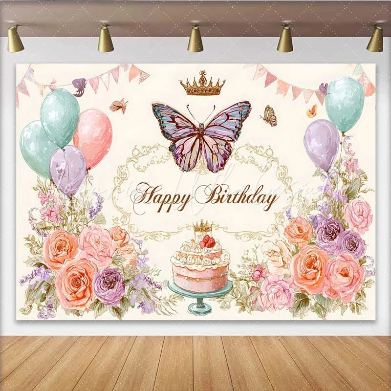 Lofaris Vintage Floral Birthday Backdrop Pastel Balloon Butterfly Background Sketch Art Cake Table Photo Prop
