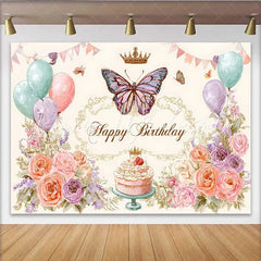 Lofaris Vintage Floral Birthday Backdrop Pastel Balloon Butterfly Background Sketch Art Cake Table Photo Prop