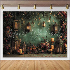 Lofaris Vintage Floral Photography Backdrop with Glowing Lanterns and Candles Elegant Dark Green Wall for Portrait Photoshoot