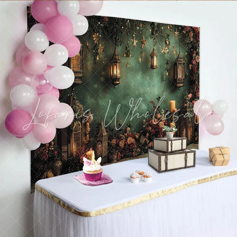 Lofaris Vintage Floral Photography Backdrop with Glowing Lanterns and Candles Elegant Dark Green Wall for Portrait Photoshoot