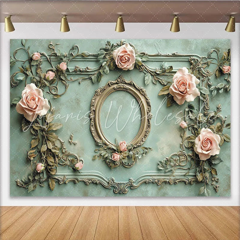 Lofaris Vintage Floral Photography Backdrop with Ornate Frame and Pink Roses Elegant Textured Wall Background for Studio Photoshoot