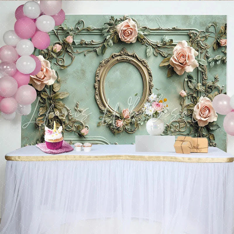 Lofaris Vintage Floral Photography Backdrop with Ornate Frame and Pink Roses Elegant Textured Wall Background for Studio Photoshoot