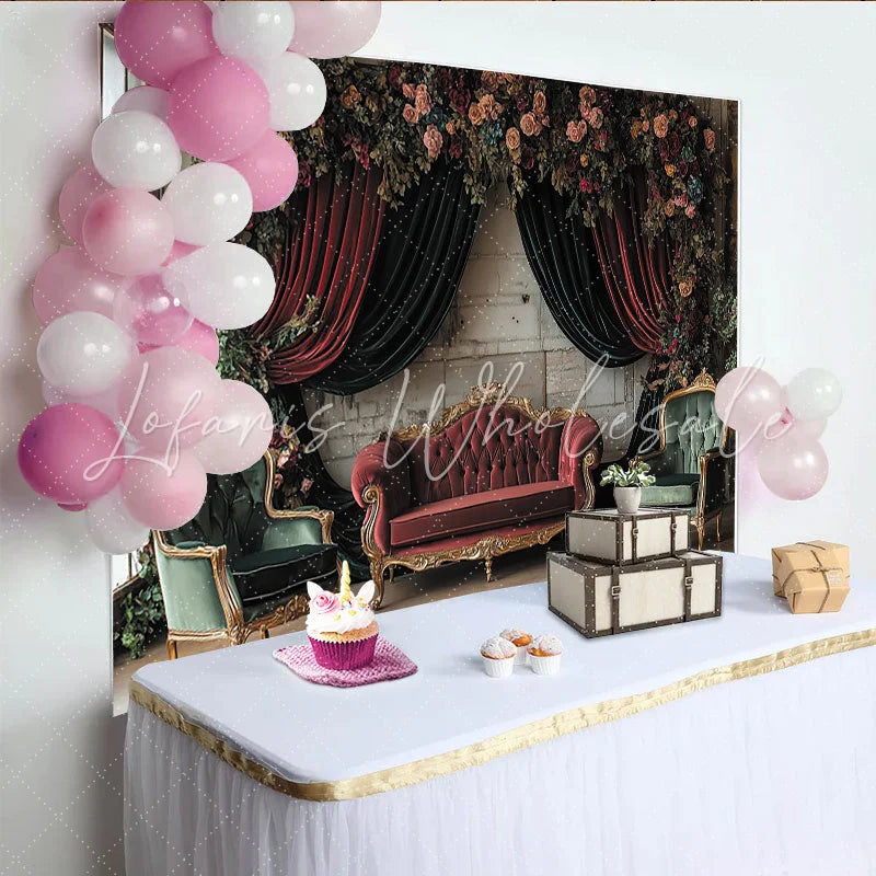 Lofaris Vintage Floral Portrait Backdrop with Velvet Curtains Elegant Fine Art Background for Professional Studio Photography