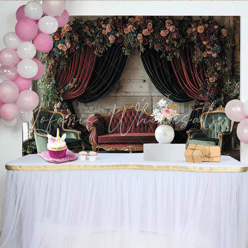 Lofaris Vintage Floral Portrait Backdrop with Velvet Curtains Elegant Fine Art Background for Professional Studio Photography