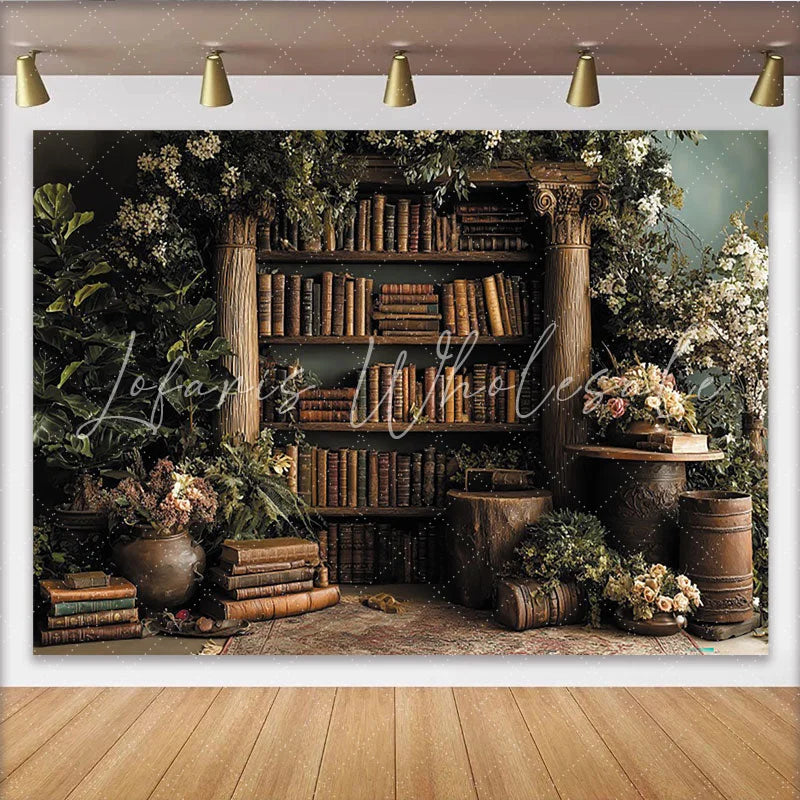 Lofaris Vintage Holz-Bücherregal-Hintergrund mit Grünpflanzen und Blumen für Fotoshootings und Events elegante Dekoration