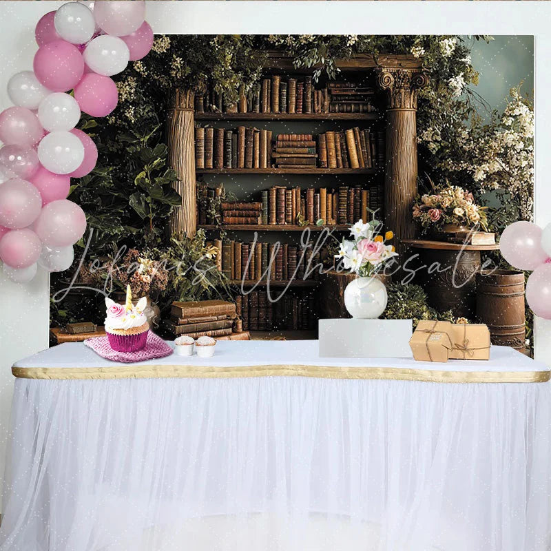 Lofaris Vintage Holz-Bücherregal-Hintergrund mit Grünpflanzen und Blumen für Fotoshootings und Events elegante Dekoration