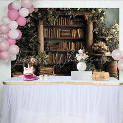 Lofaris Vintage Holz-Bücherregal-Hintergrund mit Grünpflanzen und Blumen für Fotoshootings und Events elegante Dekoration