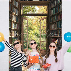 Lofaris Vintage Library Bookshelf Backdrop Open French Door to Autumn Garden for Book Lovers Party