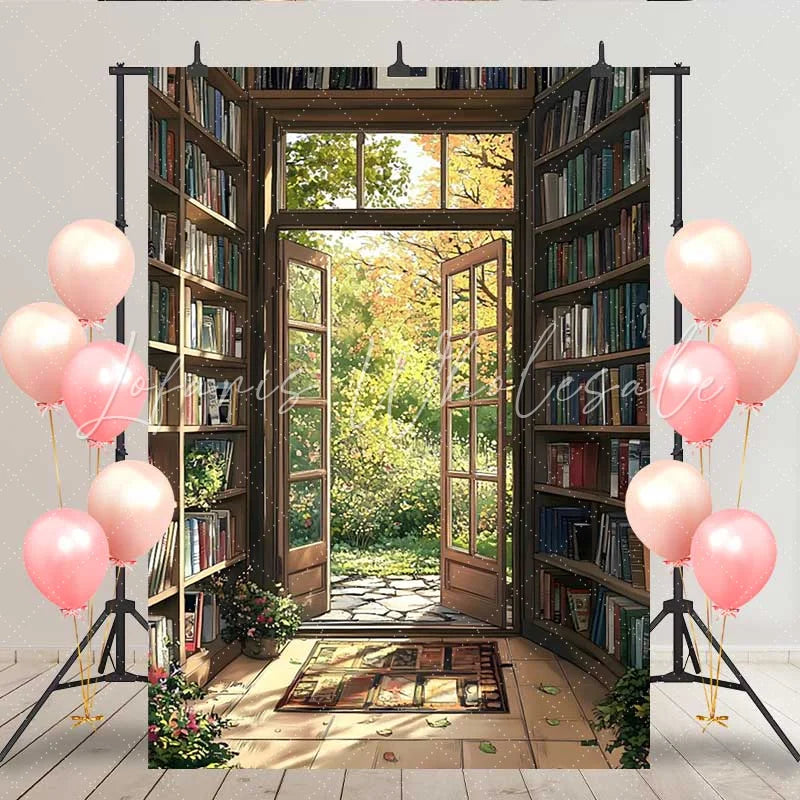 Lofaris Vintage Library Bookshelf Backdrop Open French Door to Autumn Garden for Book Lovers Party