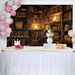 Lofaris Vintage Library Photography Backdrop with Old Books Candles and Skull Mysterious Dark Academia Studio Background for Portrait