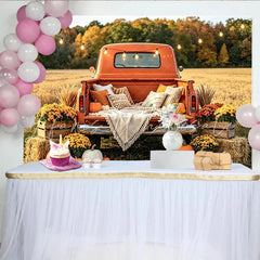 Lofaris Vintage Orange Truck Autumn Backdrop with Pumpkins and Hay Bales Rustic Fall Harvest Photography Background for Family Photoshoot