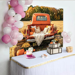 Lofaris Vintage Orange Truck Autumn Backdrop with Pumpkins and Hay Bales Rustic Fall Harvest Photography Background for Family Photoshoot