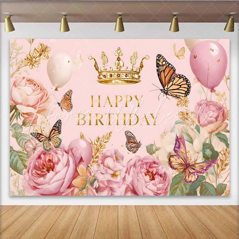 Lofaris Vintage Pink Floral Butterfly Birthday Backdrop Gold Crown Princess Party Background Girl Cake Table Prop