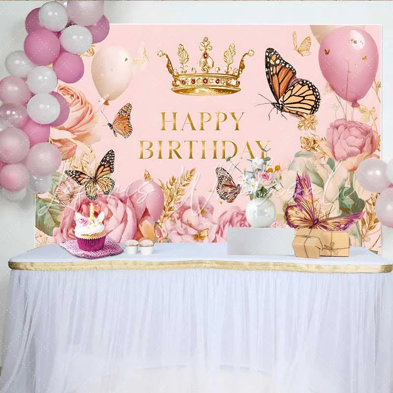 Lofaris Vintage Pink Floral Butterfly Birthday Backdrop Gold Crown Princess Party Background Girl Cake Table Prop