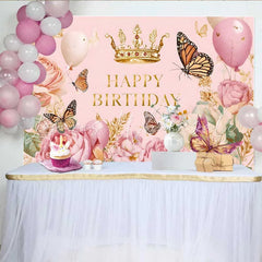 Lofaris Vintage Pink Floral Butterfly Birthday Backdrop Gold Crown Princess Party Background Girl Cake Table Prop