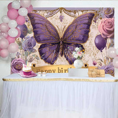 Lofaris Vintage Purple Butterfly Birthday Backdrop Floral Gold Banner Party Background Girl Princess Photo Prop