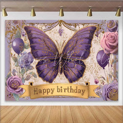Lofaris Vintage Purple Butterfly Birthday Backdrop Floral Gold Banner Party Background Girl Princess Photo Prop