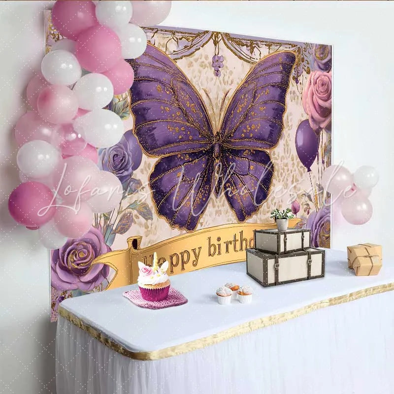 Lofaris Vintage Purple Butterfly Birthday Backdrop Floral Gold Banner Party Background Girl Princess Photo Prop