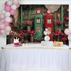 Lofaris Vintage Red and Green Gas Pump Floral Photography Backdrop Rustic Wooden Wall with Roses and Lanterns
