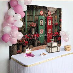 Lofaris Vintage Red and Green Gas Pump Floral Photography Backdrop Rustic Wooden Wall with Roses and Lanterns