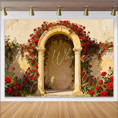 Lofaris Vintage Red Rose Archway Party Backdrop with Stone Columns Elegant Floral Garden Photography Background for Weddings