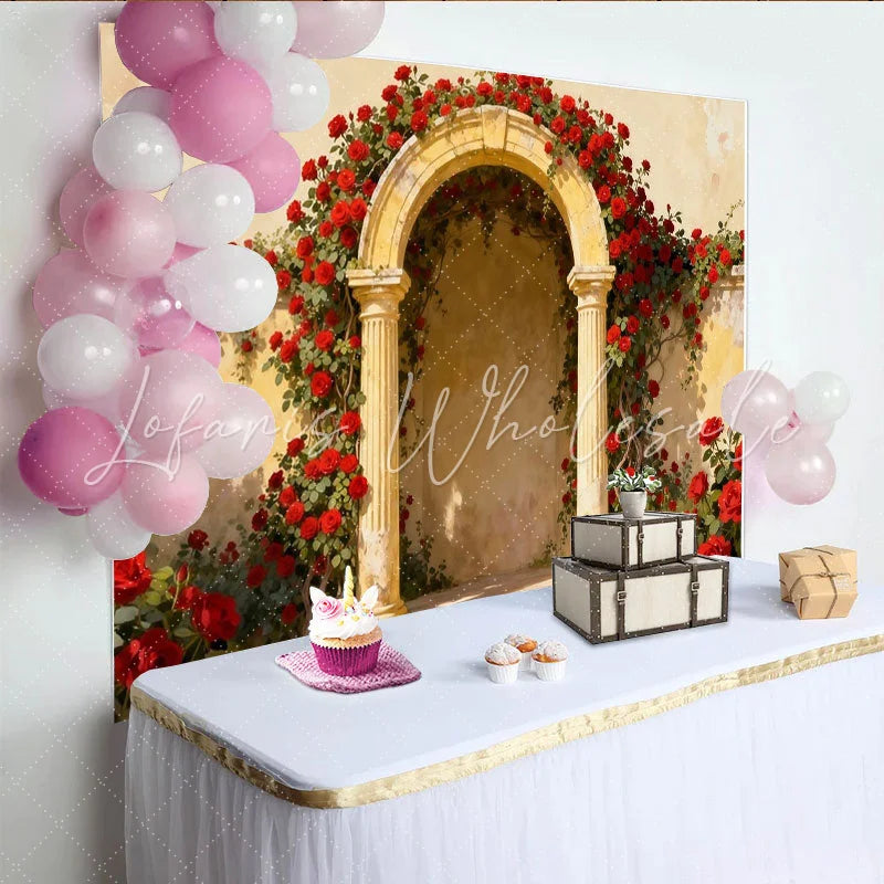Lofaris Vintage Red Rose Archway Party Backdrop with Stone Columns Elegant Floral Garden Photography Background for Weddings