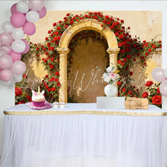 Lofaris Vintage Red Rose Archway Party Backdrop with Stone Columns Elegant Floral Garden Photography Background for Weddings