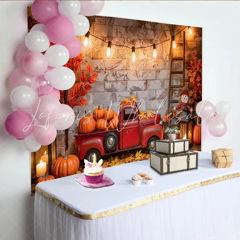 Lofaris Vintage Red Truck Autumn Harvest Backdrop with Pumpkins and Fall Leaves Rustic Brick Wall Background for Thanksgiving Party