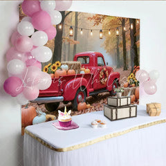 Lofaris Vintage Red Truck Thanksgiving Backdrop with Pumpkins and Sunflowers Autumn Fall Harvest Photography Background for Party