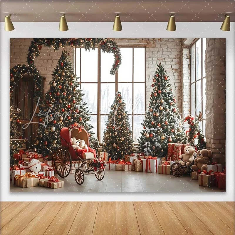 Lofaris Vintage Room Christmas Tree Photography Backdrop Teddy Bear Carriage Winter Holiday Party Background