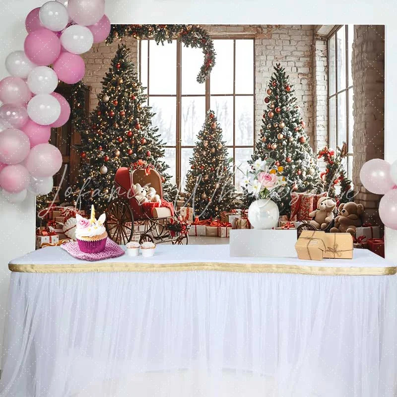 Lofaris Vintage Room Christmas Tree Photography Backdrop Teddy Bear Carriage Winter Holiday Party Background
