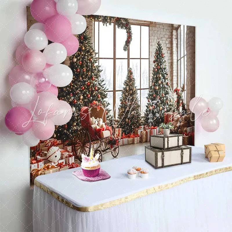 Lofaris Vintage Room Christmas Tree Photography Backdrop Teddy Bear Carriage Winter Holiday Party Background